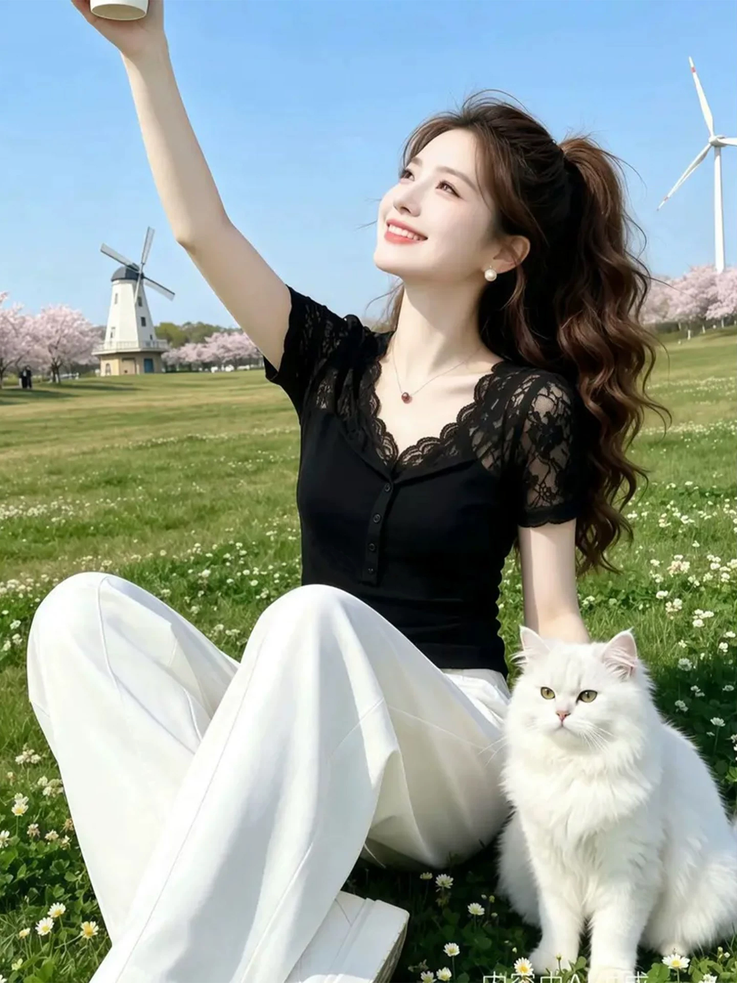 時尚V領蕾絲拼接短袖T恤夏季新款修身百搭潮流女款洋氣百搭上衣