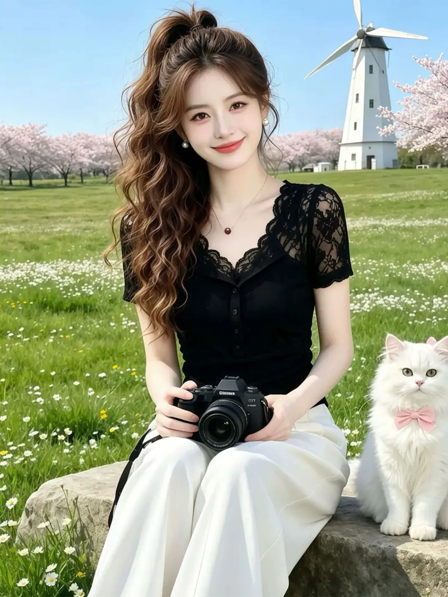 時尚V領蕾絲拼接短袖T恤夏季新款修身百搭潮流女款洋氣百搭上衣