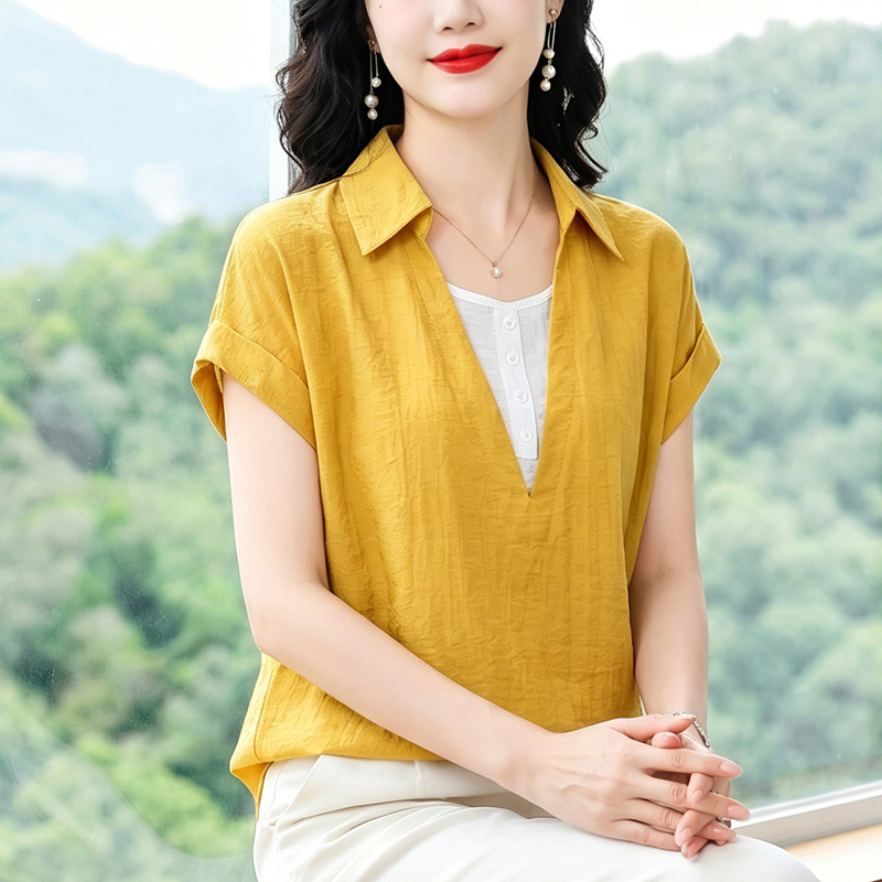 2026假兩件短袖襯衫女夏寬松顯瘦翻領洋氣休閑遮肚子漂亮減齡上衣