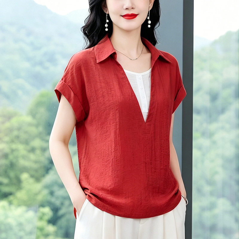 2026假兩件短袖襯衫女夏寬松顯瘦翻領洋氣休閑遮肚子漂亮減齡上衣