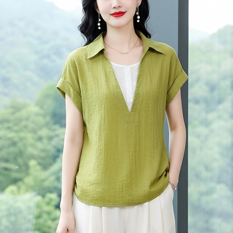 2026假兩件短袖襯衫女夏寬松顯瘦翻領洋氣休閑遮肚子漂亮減齡上衣
