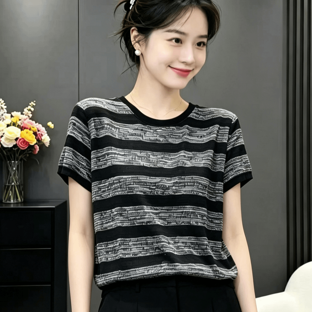 條紋撞色短袖圓領T恤女夏季新款寬松時尚休閑薄款百搭顯瘦上衣潮