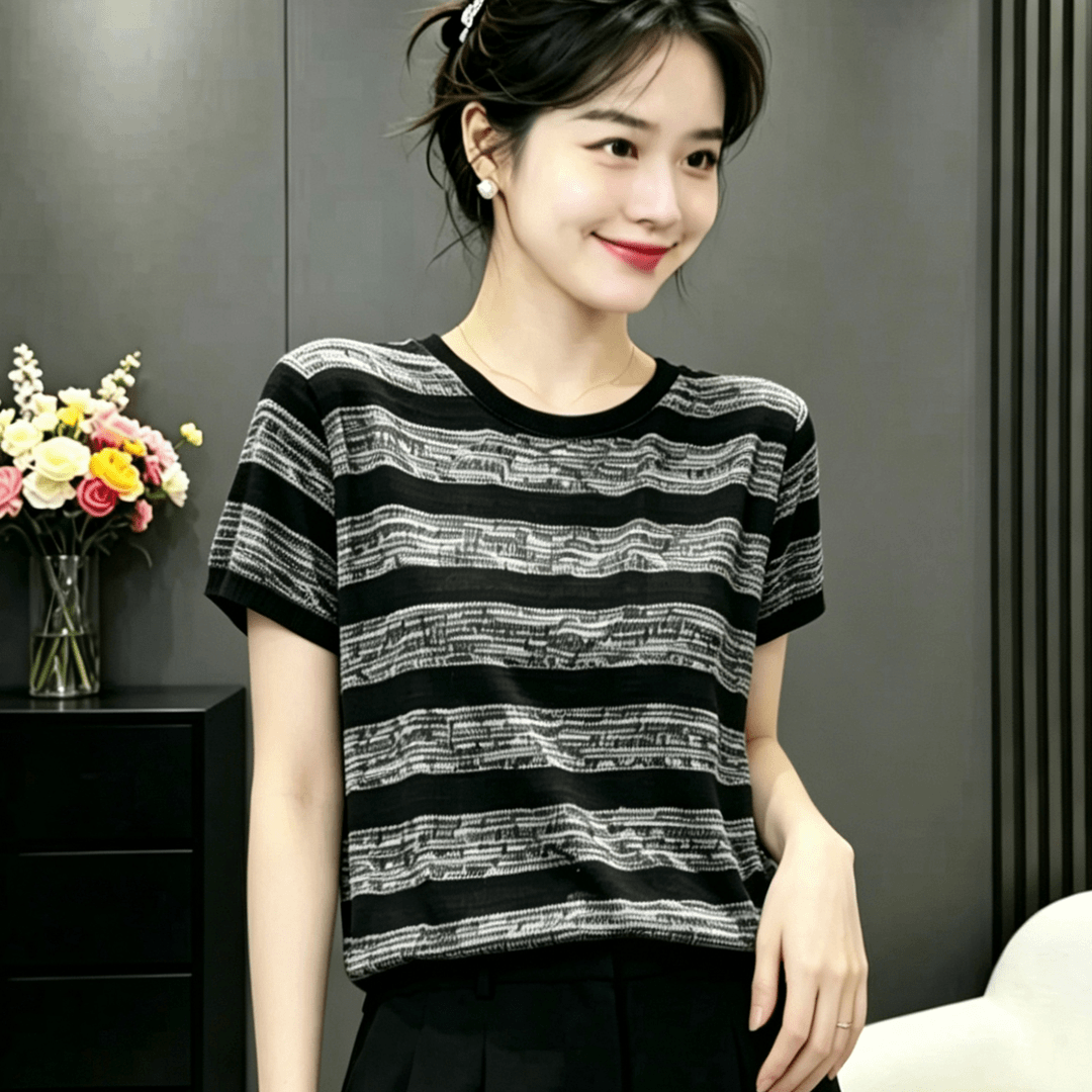 條紋撞色短袖圓領T恤女夏季新款寬松時尚休閑薄款百搭顯瘦上衣潮