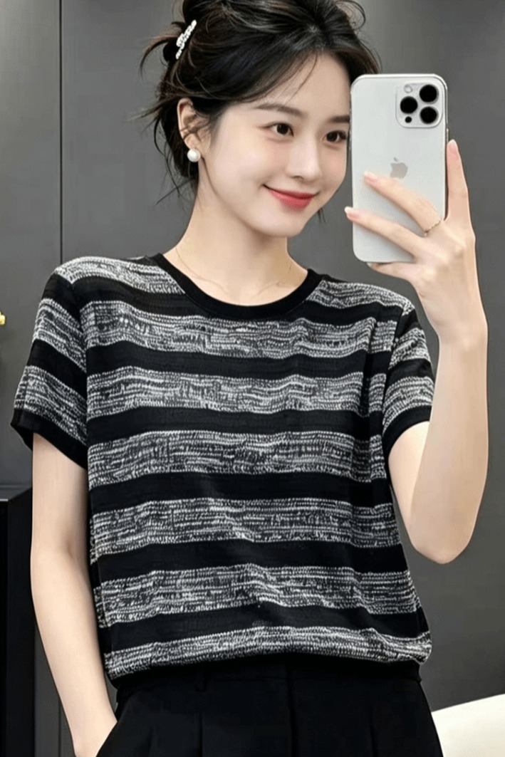 條紋撞色短袖圓領T恤女夏季新款寬松時尚休閑薄款百搭顯瘦上衣潮