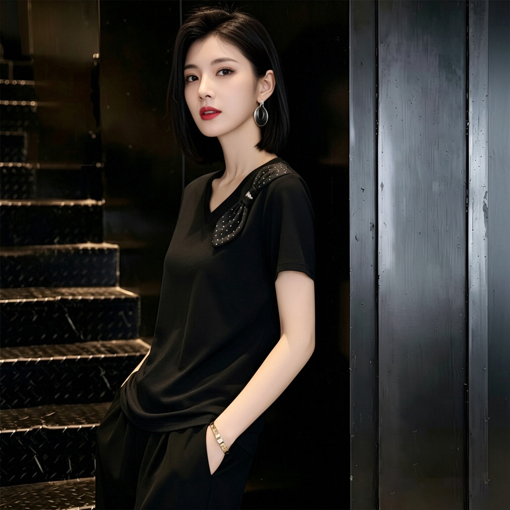 設計感時尚蝴蝶結燙鉆V領短袖T恤女夏裝新款百搭顯瘦別致洋氣上衣