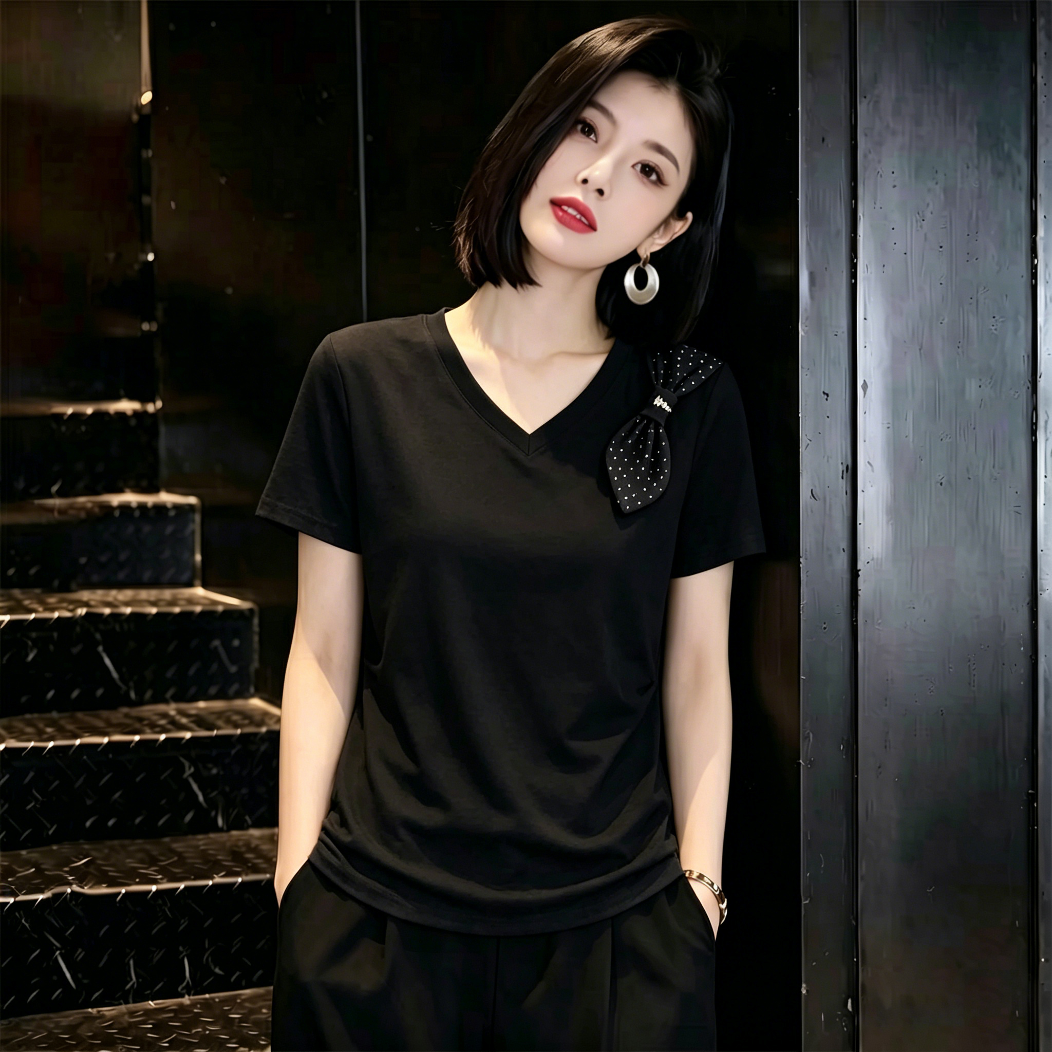 設計感時尚蝴蝶結燙鉆V領短袖T恤女夏裝新款百搭顯瘦別致洋氣上衣