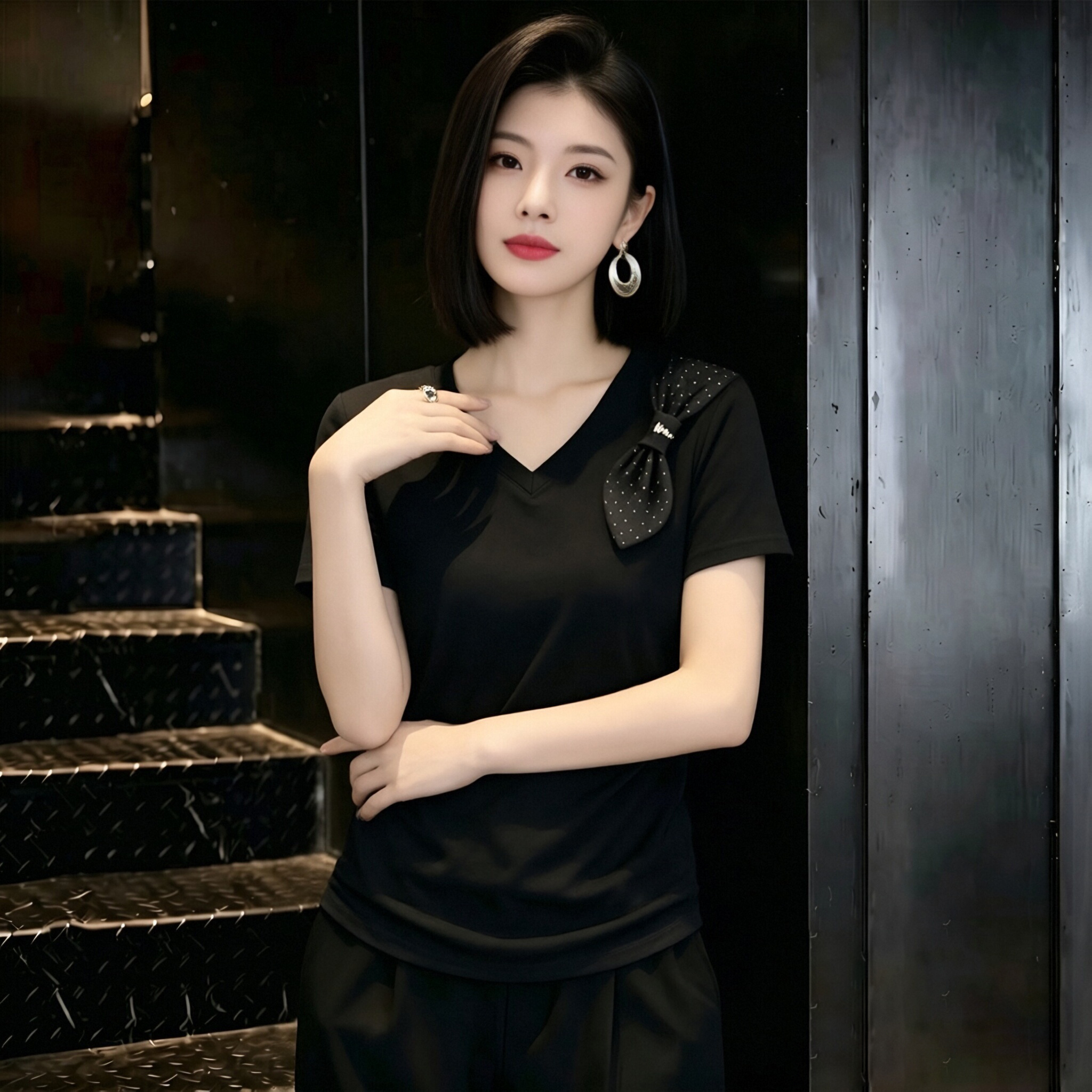 設計感時尚蝴蝶結燙鉆V領短袖T恤女夏裝新款百搭顯瘦別致洋氣上衣