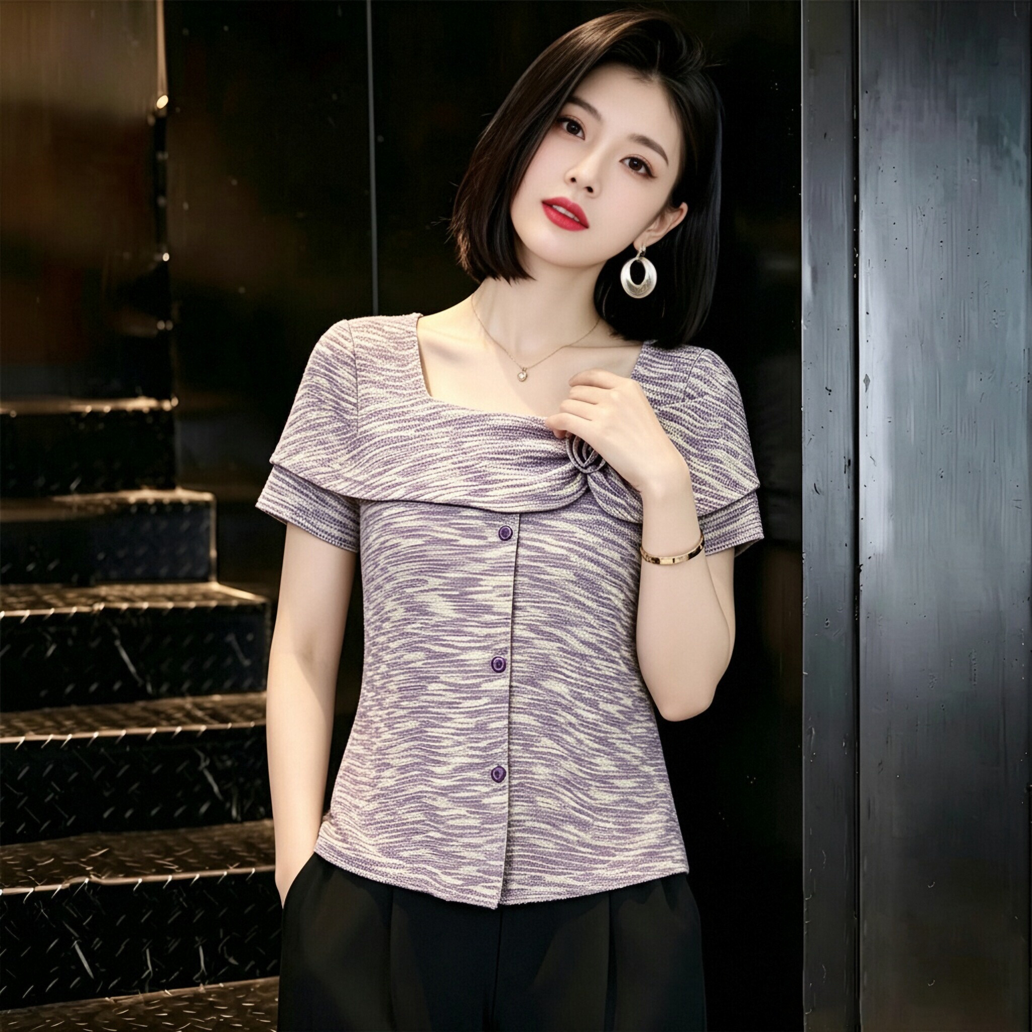 實拍法式復古彩色條紋V領短袖T恤女2026夏季新款修身顯瘦獨特上衣