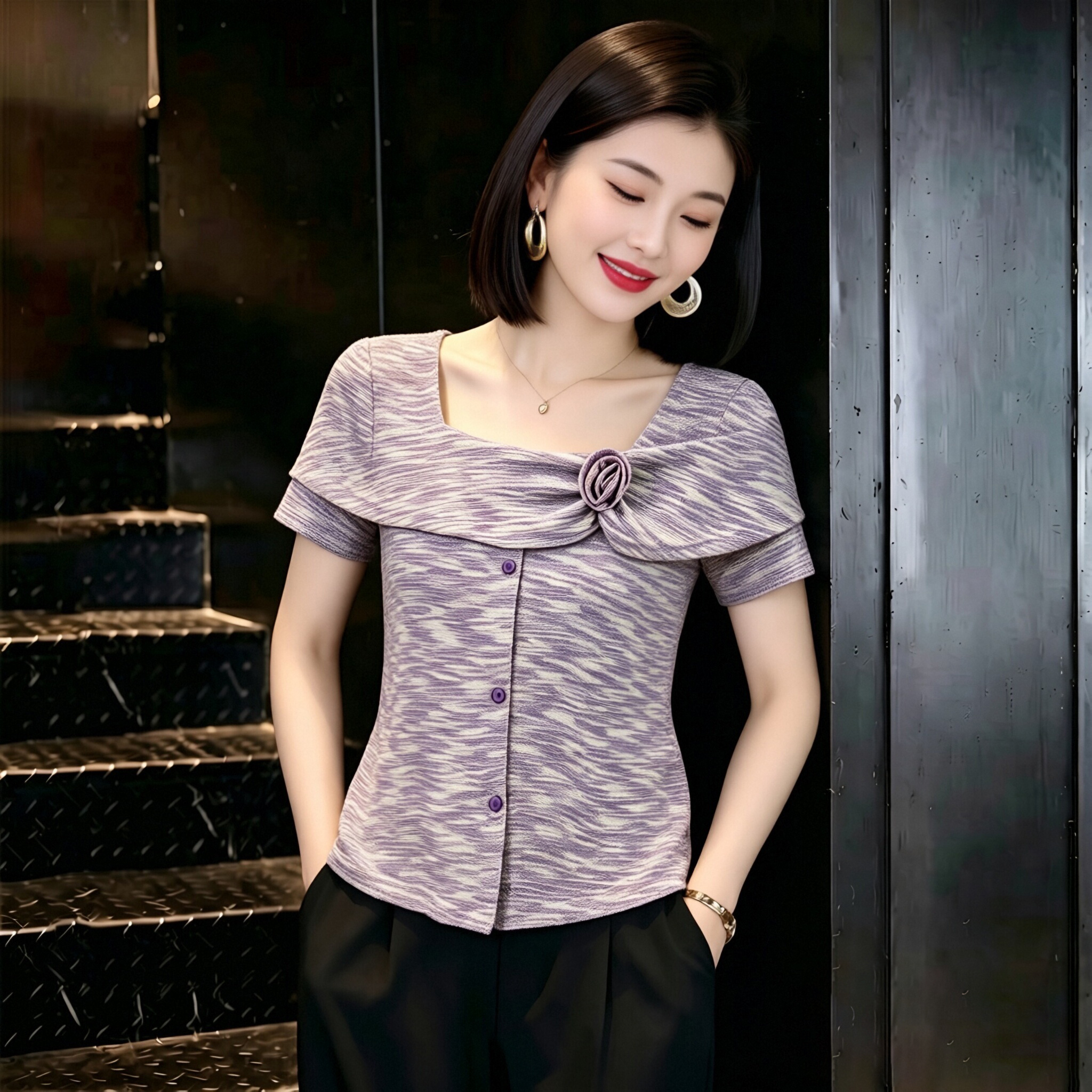 實拍法式復古彩色條紋V領短袖T恤女2026夏季新款修身顯瘦獨特上衣
