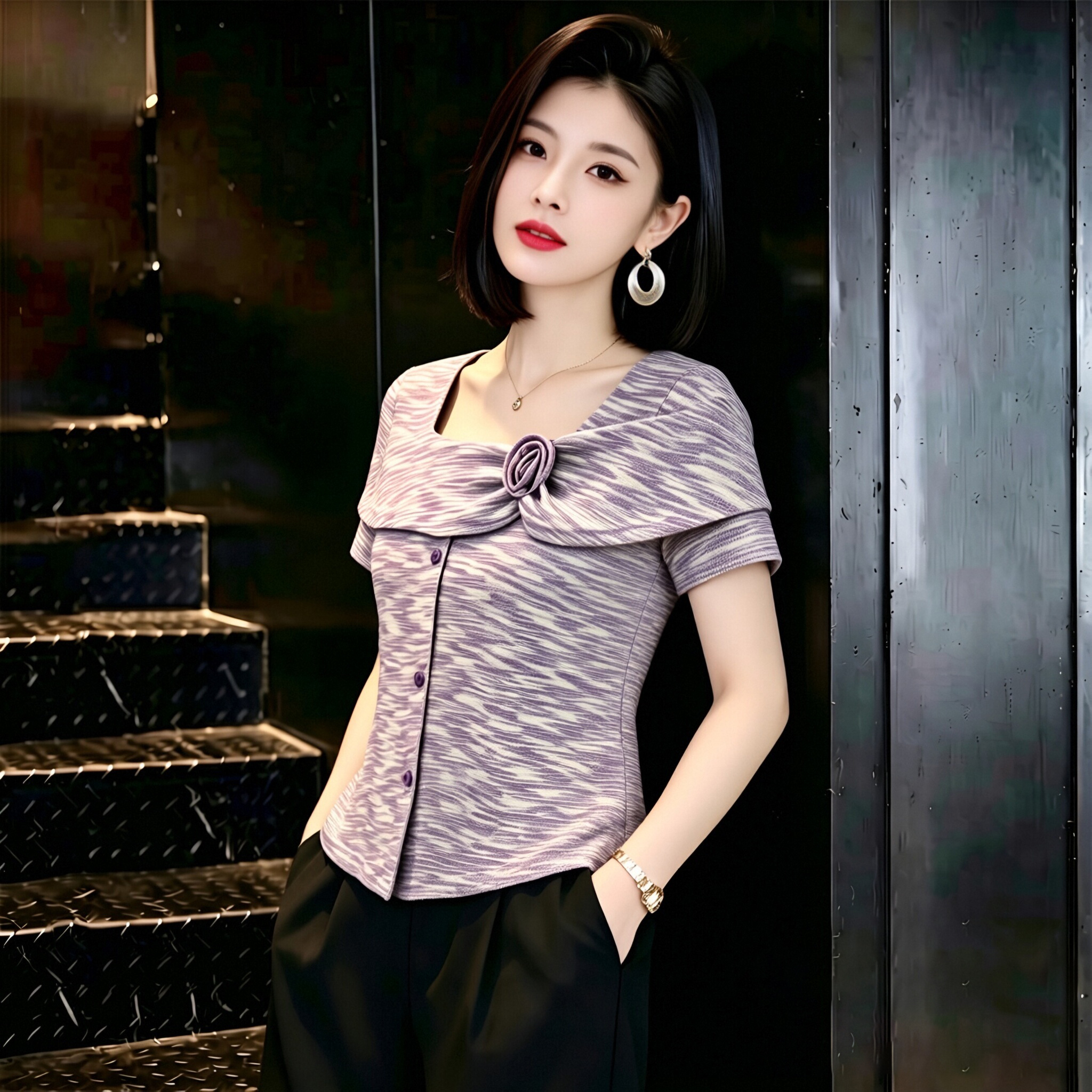 實拍法式復古彩色條紋V領短袖T恤女2026夏季新款修身顯瘦獨特上衣