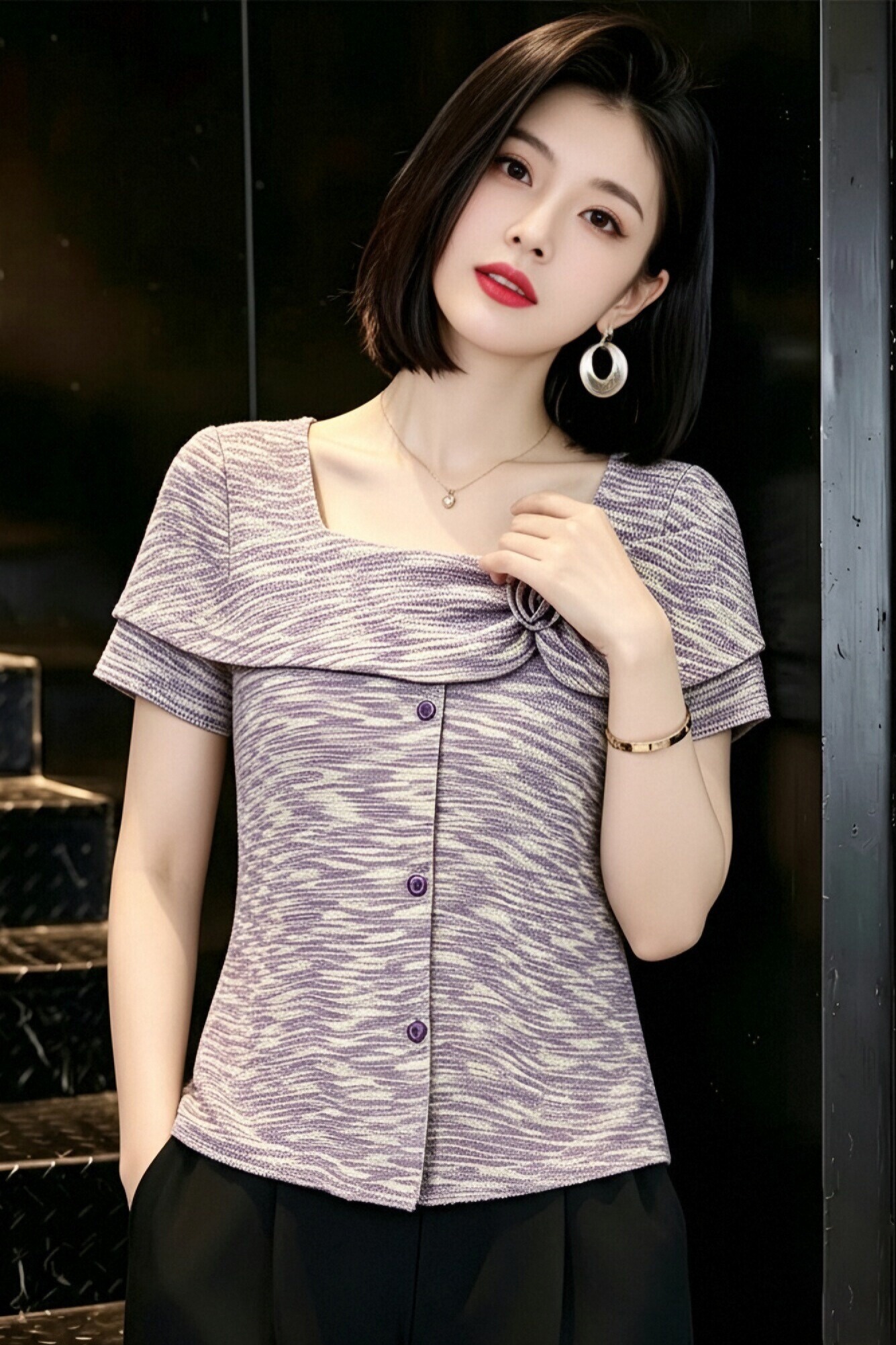 實拍法式復古彩色條紋V領短袖T恤女2026夏季新款修身顯瘦獨特上衣