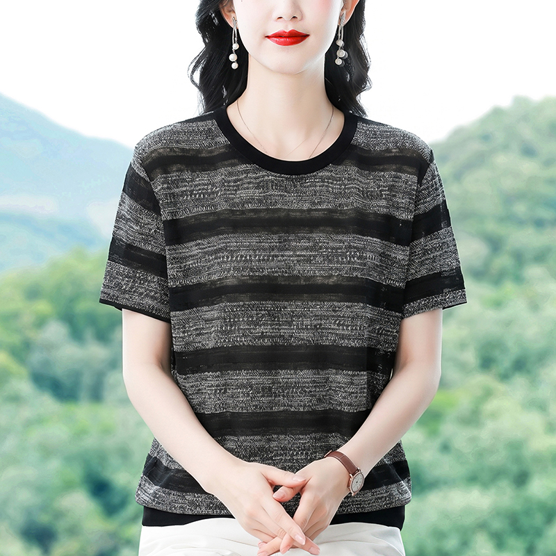 復古條紋針織短袖t恤女2026新款夏季休閑內搭打底可外穿正肩上衣