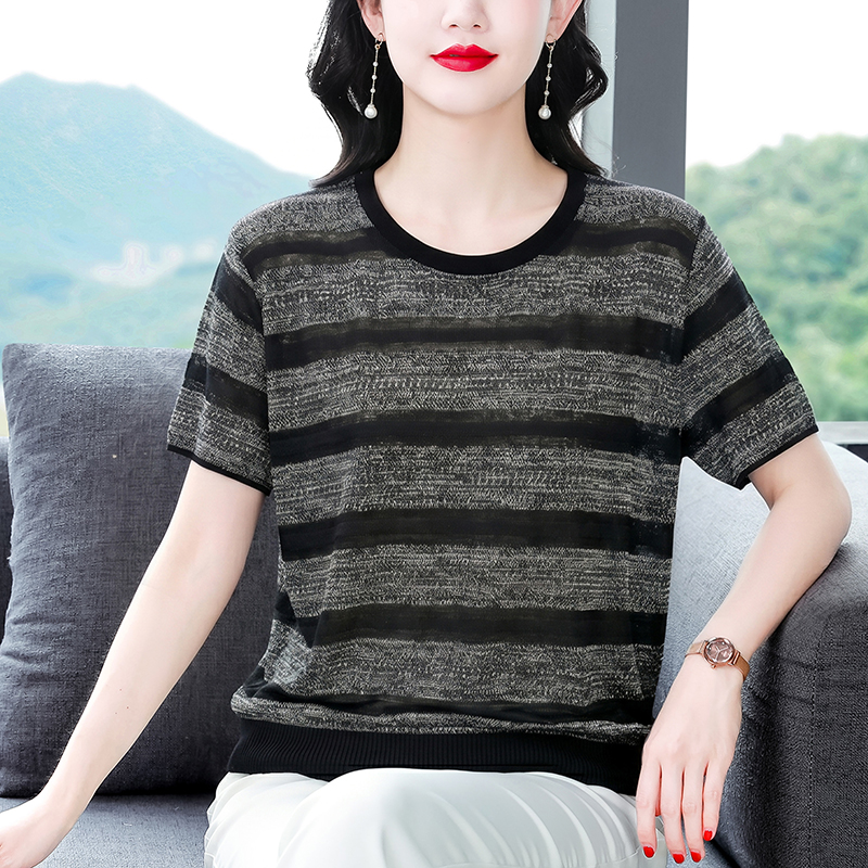 復古條紋針織短袖t恤女2026新款夏季休閑內搭打底可外穿正肩上衣