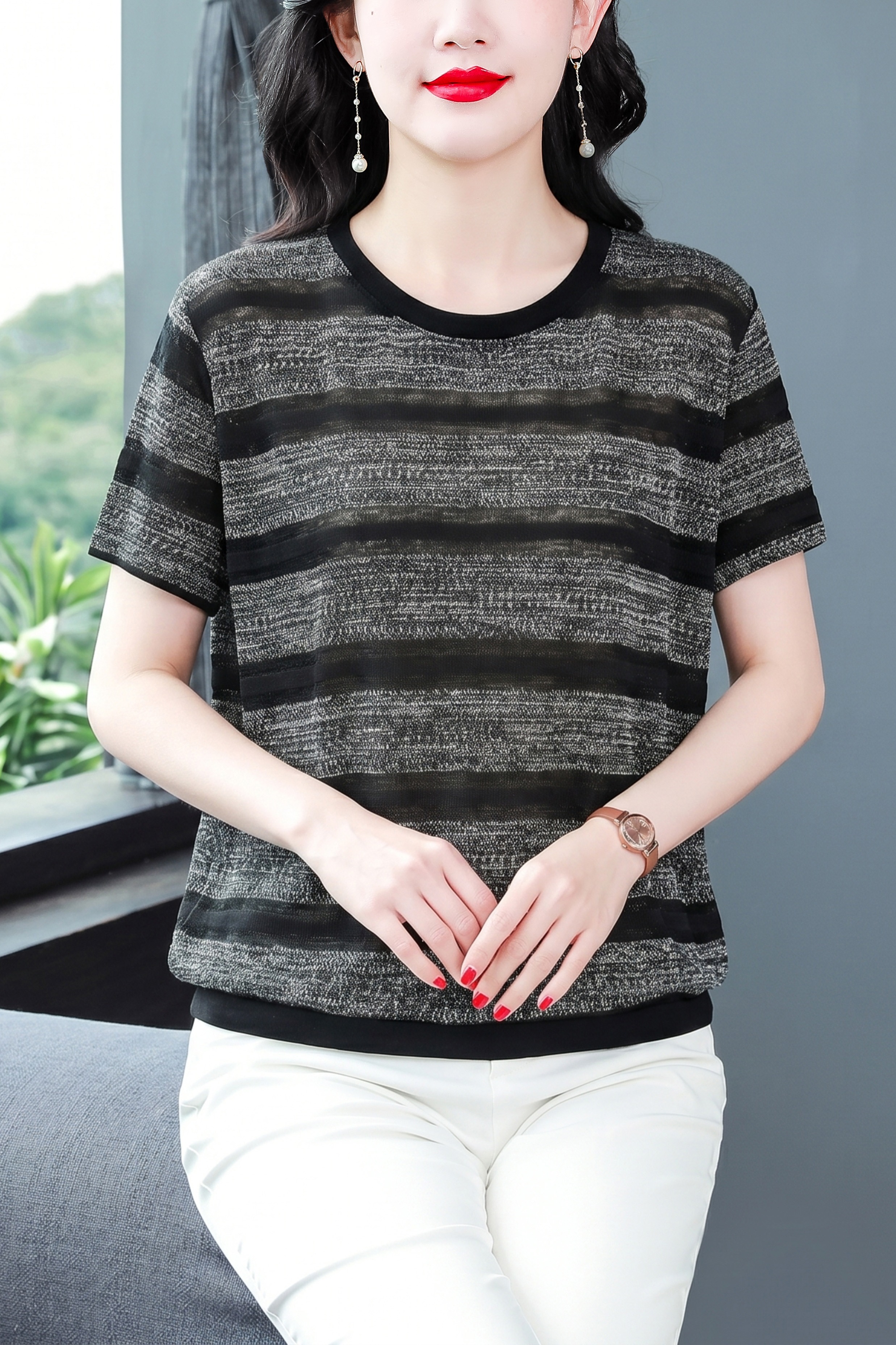 復古條紋針織短袖t恤女2026新款夏季休閑內搭打底可外穿正肩上衣