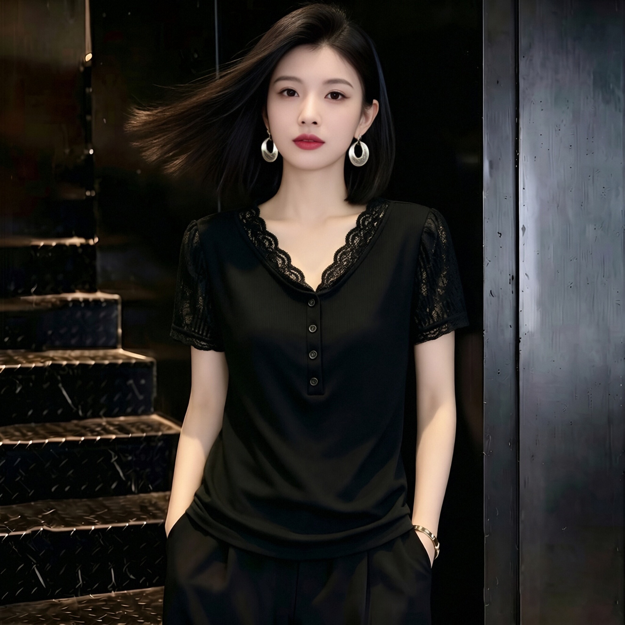 輕熟風黑色蕾絲拼接V領短袖T恤女修身高級感氣質顯瘦彈力上衣