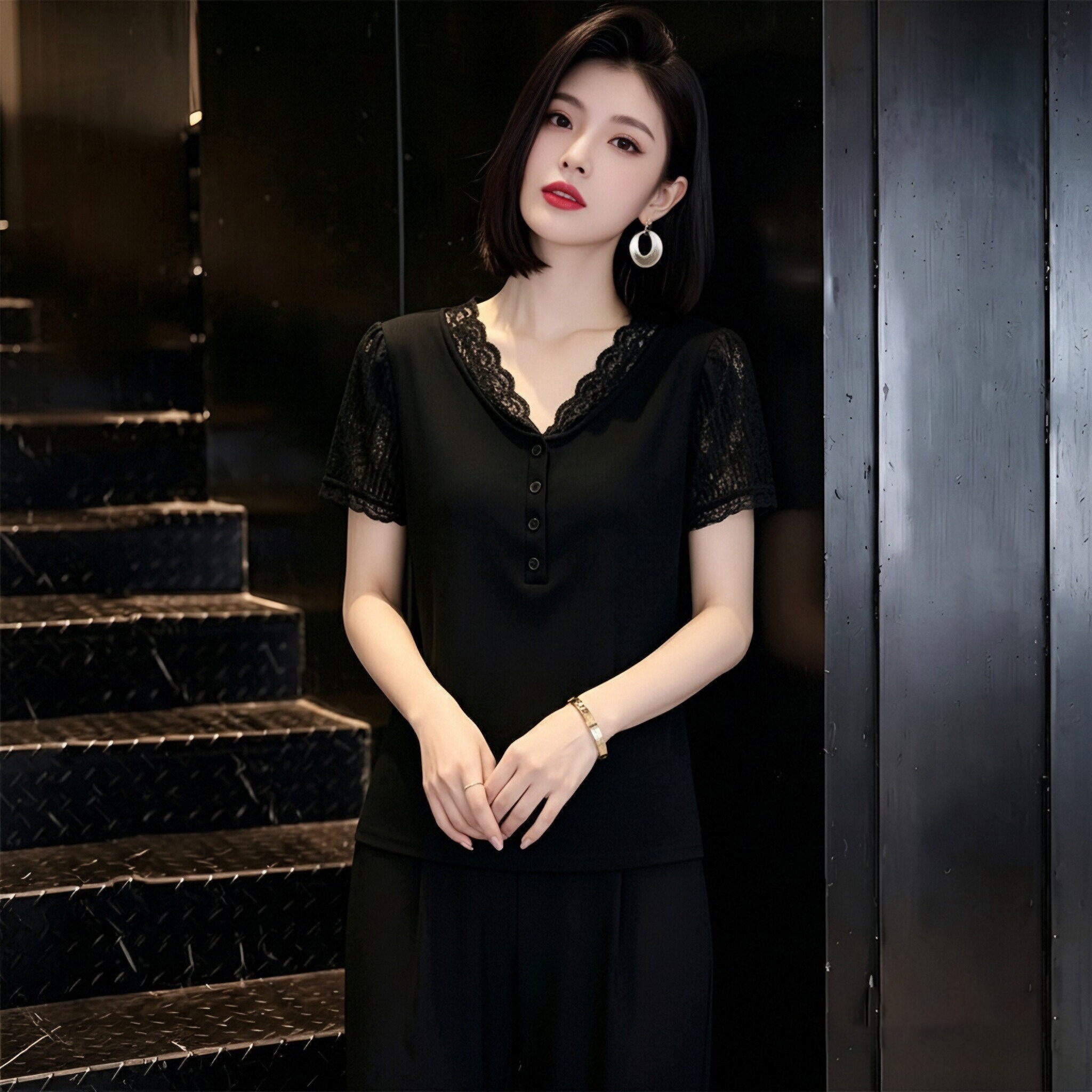 輕熟風黑色蕾絲拼接V領短袖T恤女修身高級感氣質顯瘦彈力上衣