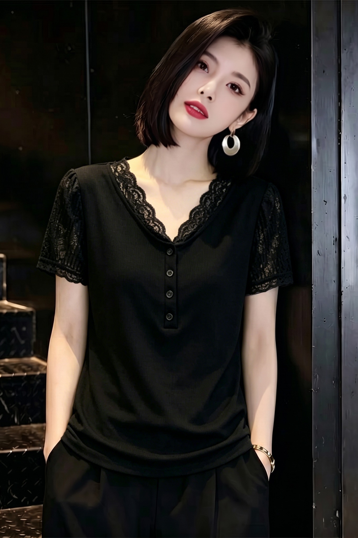 輕熟風黑色蕾絲拼接V領短袖T恤女修身高級感氣質顯瘦彈力上衣