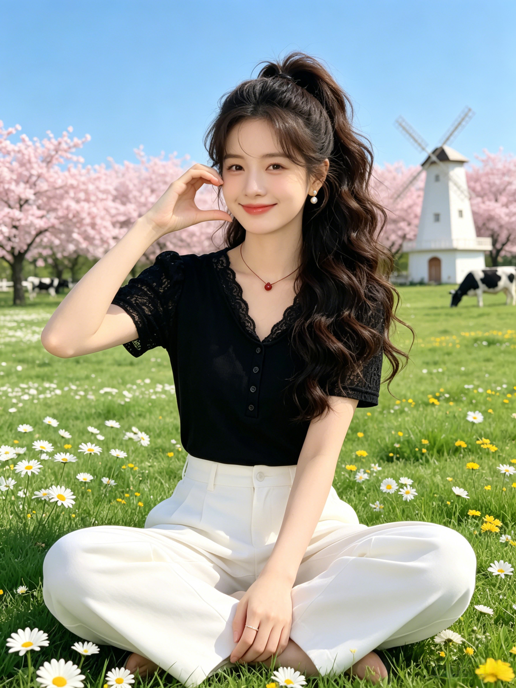 韓式時尚紐扣短袖T恤女2026新款夏季黑色修身蕾絲拼接V領氣質上衣