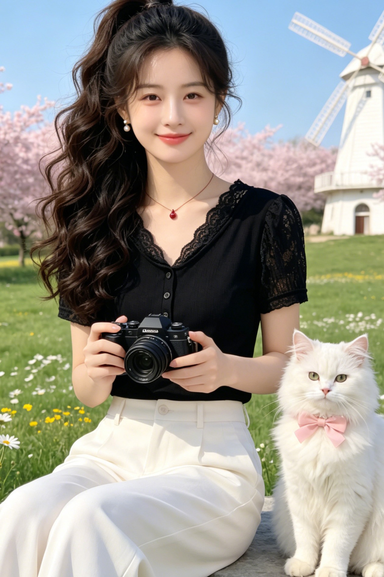 韓式時尚紐扣短袖T恤女2026新款夏季黑色修身蕾絲拼接V領氣質上衣