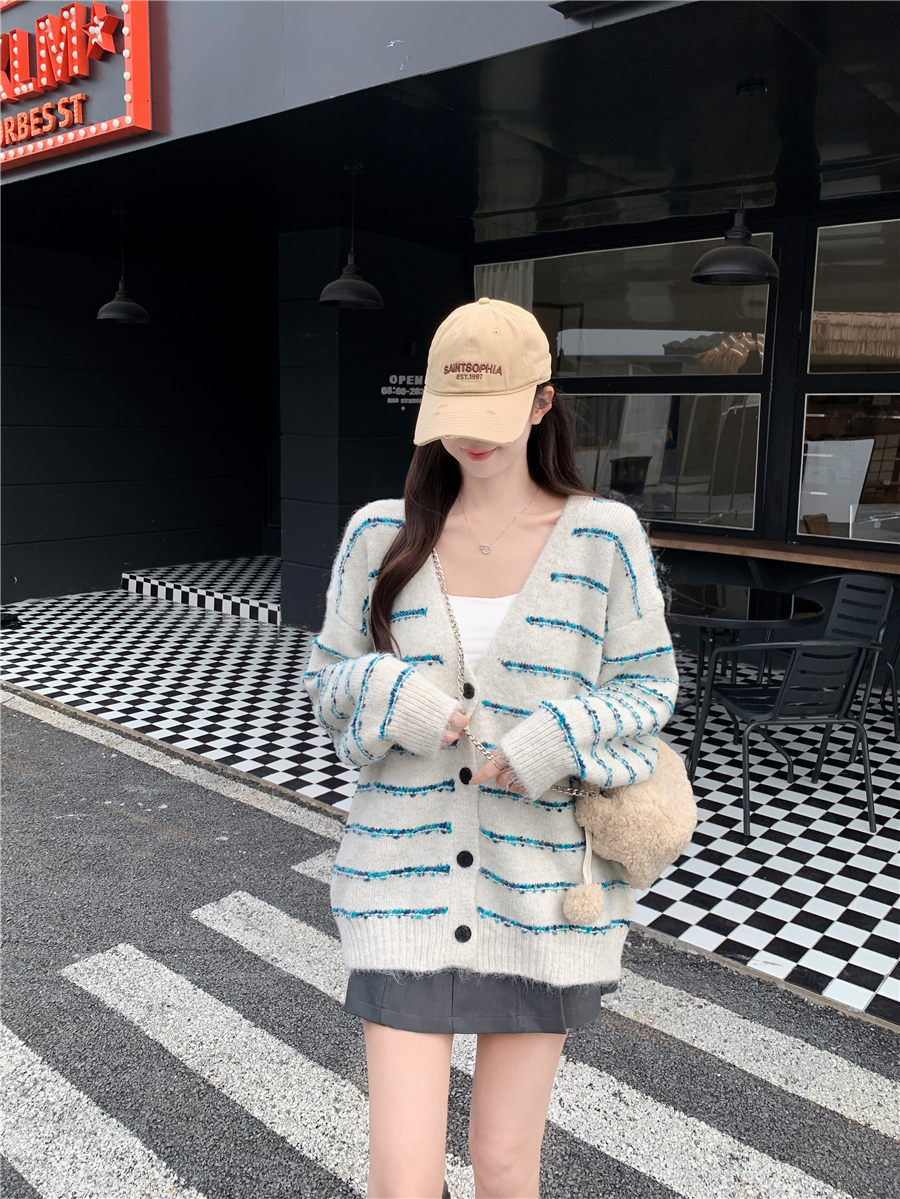 MY14725# 韩系条纹毛衣外套女秋冬加厚慵懒风宽松显瘦开衫女裝貨源服裝...