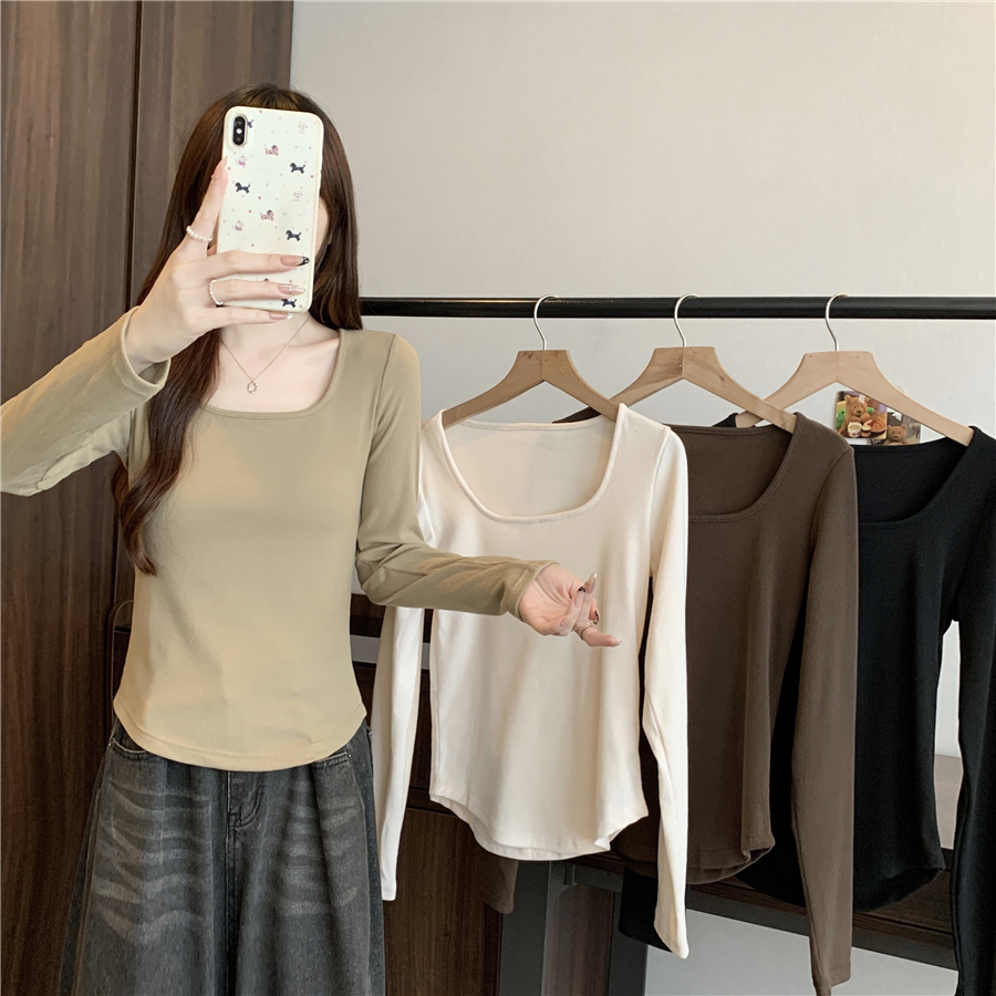 MY14723# 新款简约百搭方领T恤女弧形下摆显瘦打底衫长袖上衣女裝貨源...