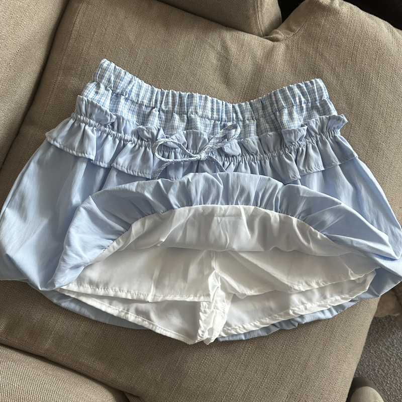 實拍 甜美風蝴蝶結系帶花苞裙女短裙格子拼接蓬蓬半身裙小裙子
