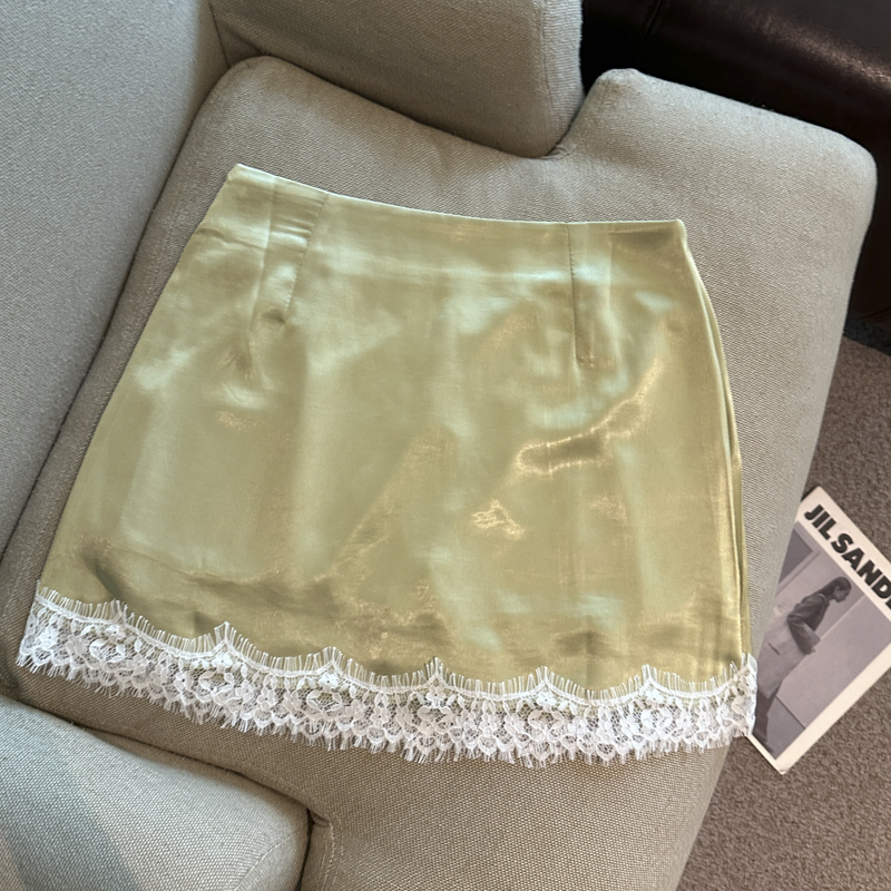 實拍 春夏新款純欲小女人風蕾絲光滑面料下擺蕾絲拼接半身裙女