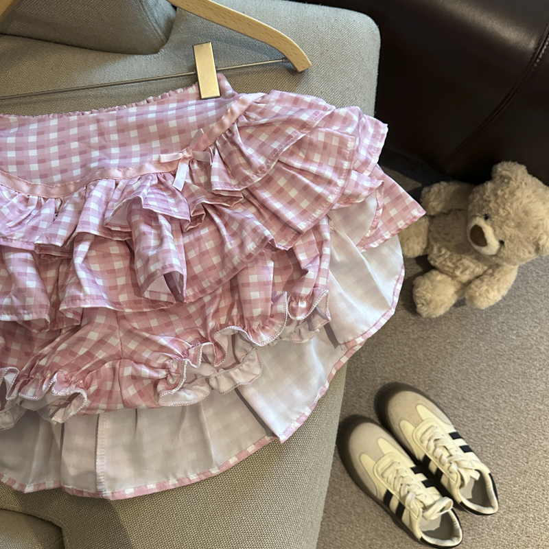 實拍 少女感高腰格子荷葉邊蛋糕裙夏季短裙前短后長防走光裙褲女