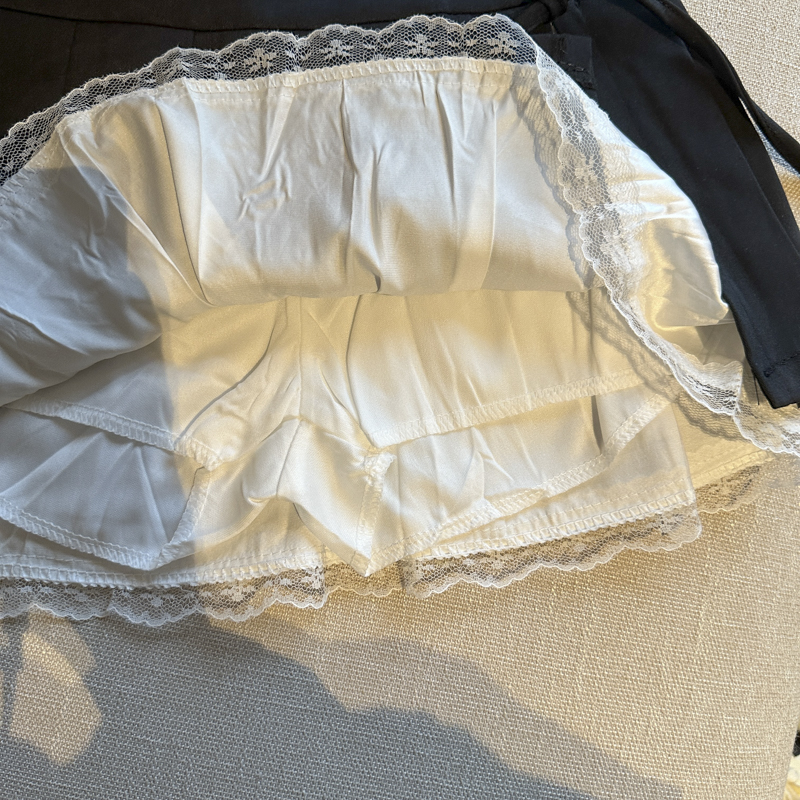 實拍 純欲蕾絲拼接百褶裙女夏季高腰蝴蝶結開叉A字半身裙超短裙褲