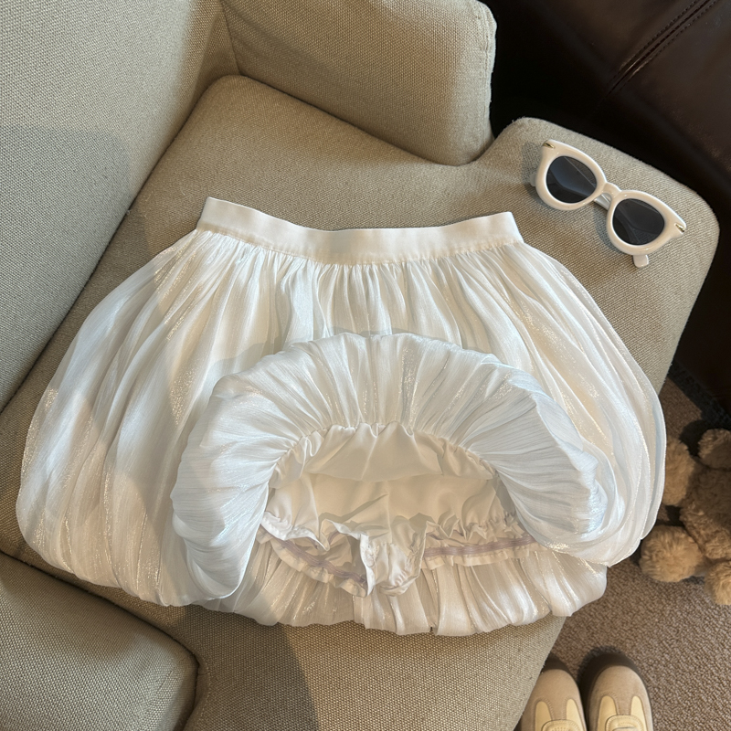 實拍 高腰a字顯瘦流光花苞裙女小個子夏季蓬蓬彈力腰頭半身短裙