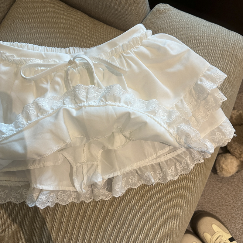 實拍 芭蕾風蕾絲花邊蓬蓬褲裙女夏季款系帶松緊腰法式絕美蛋糕裙