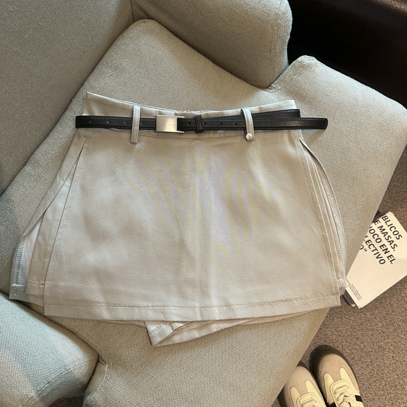 實拍 防走光開叉A字半身裙褲女夏季休閑顯瘦卡其色低腰短裙配腰帶