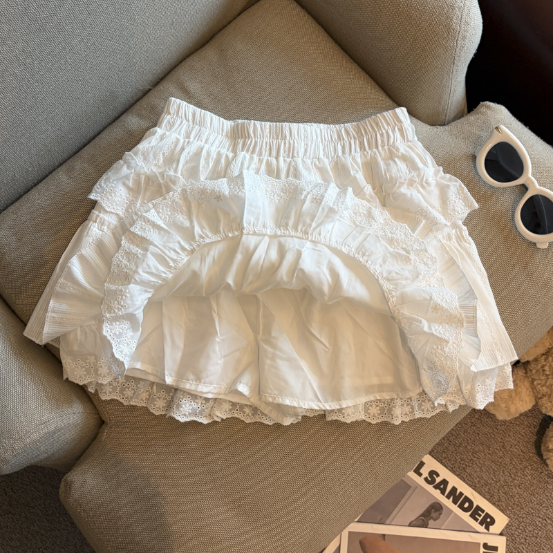 實拍 少女感白色半身裙刺繡花邊蝴蝶結松緊腰短裙減齡A字裙夏季