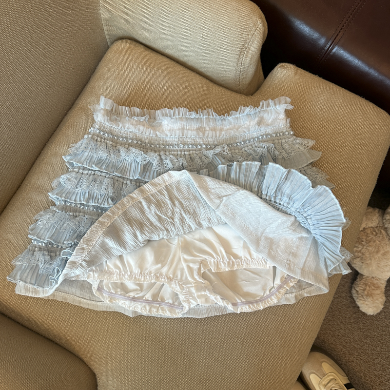 實拍 法式甜美減齡木耳邊蕾絲蛋糕裙女夏季高腰防走光半身短裙