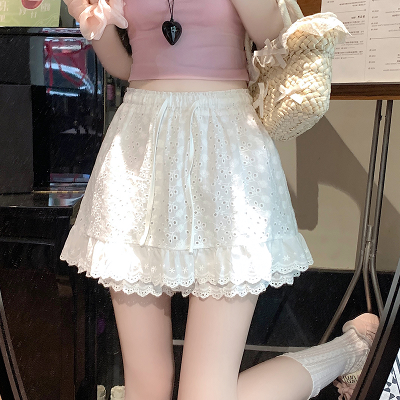 MY11750# 夏甜美少女显瘦白色刺绣蕾丝花边防走光短裙裤a字半身裙女裝...
