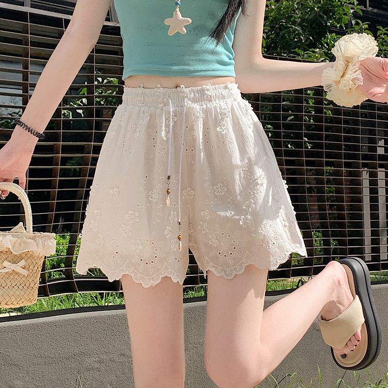 MY11746# 夏宽松慵懒松弛感贝壳抽绳设计刺绣重工钩花蕾丝阔腿短裤女裝...