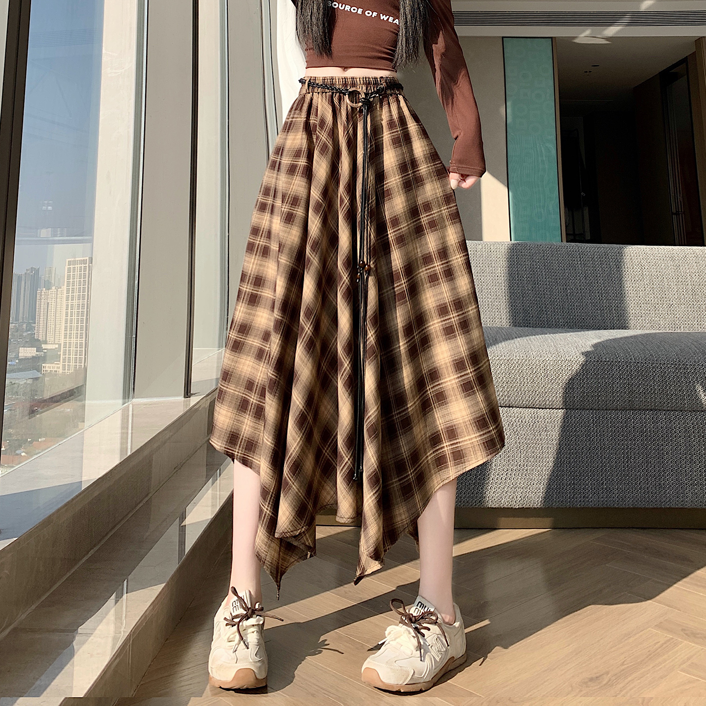MY17523# 松紧腰不规则腰链设计复古垂感格纹格子a字中长半身裙女裝貨...