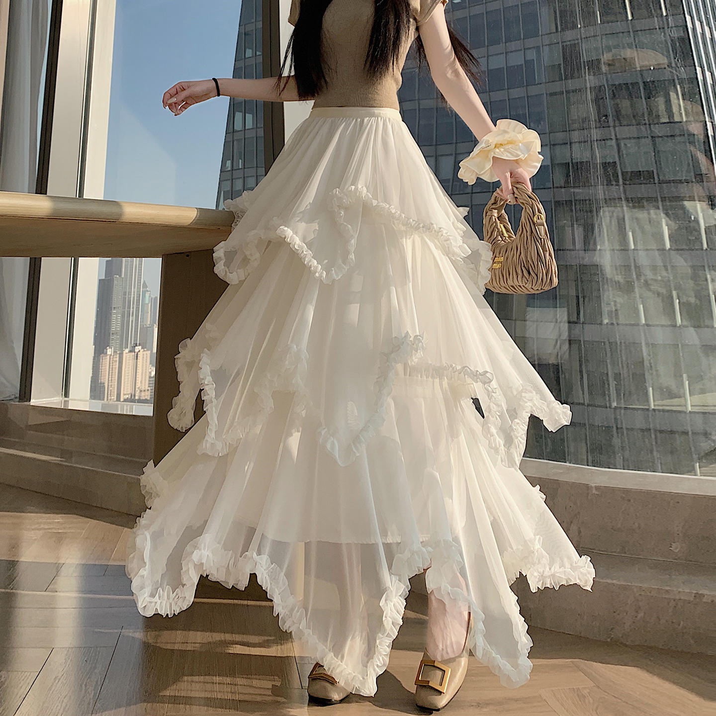 MY17522# 设计感不规则木耳边拼接网纱蓬蓬a字蛋糕仙女半身裙女裝貨源...