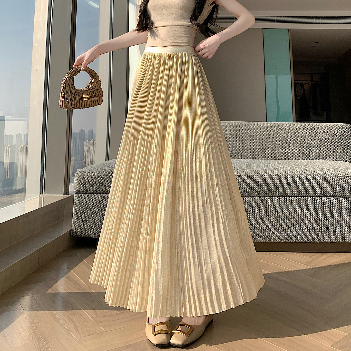 RY1333# 实拍 2026春夏松紧腰显瘦钻石感烫银珠光纱中长半身a字裙...