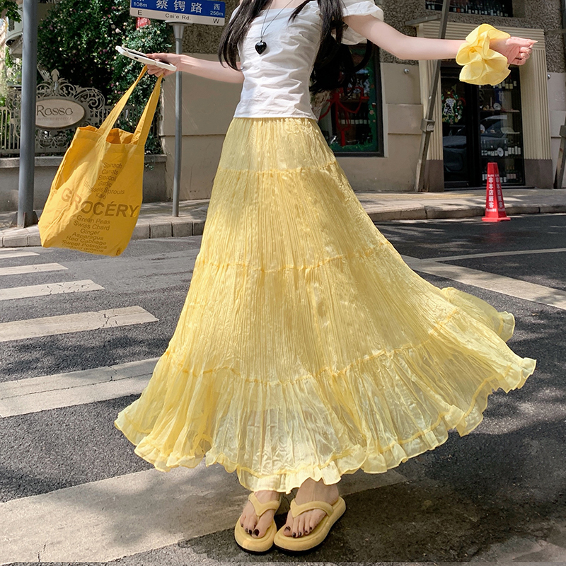 RY1609# 实拍 2026夏法式温柔风飘逸超仙褶皱大裙摆中长显瘦半身裙...