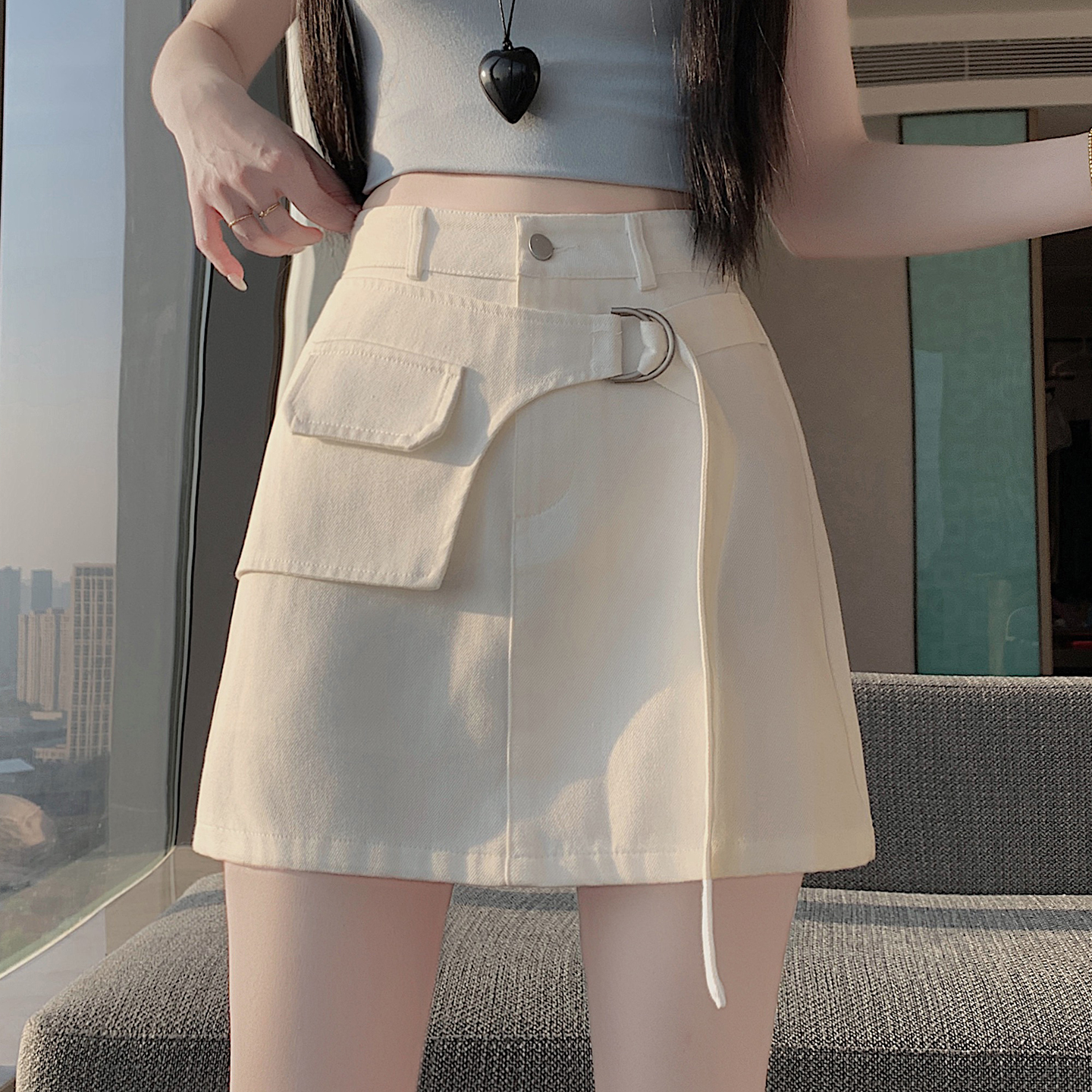 RY2807# 实拍 2026夏韩版高腰显瘦假两件设计感白色洗水工装裙a字...