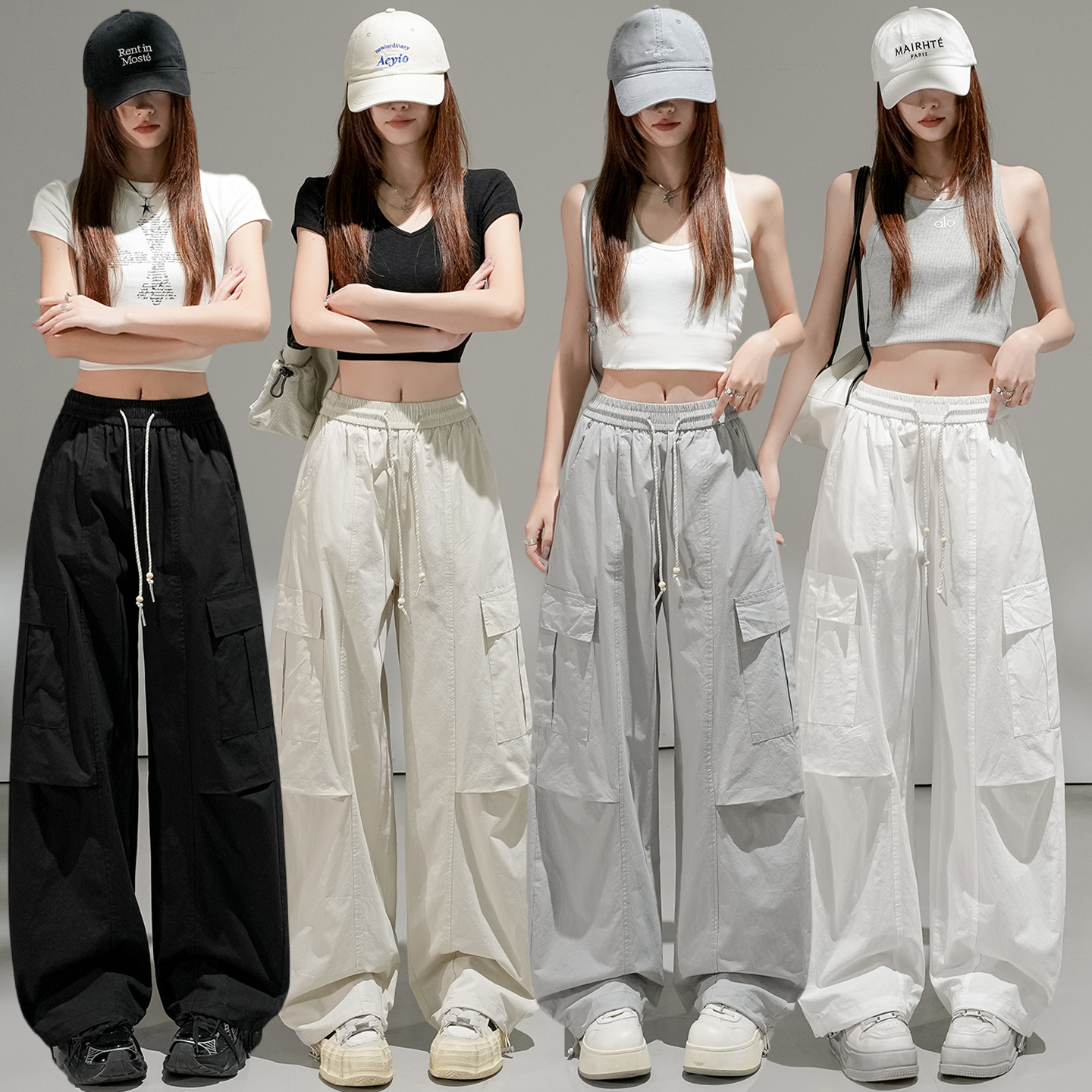 RY2806# 实拍 2026夏松紧腰抽绳大口袋洗水棉阔腿束脚两穿休闲弯刀...