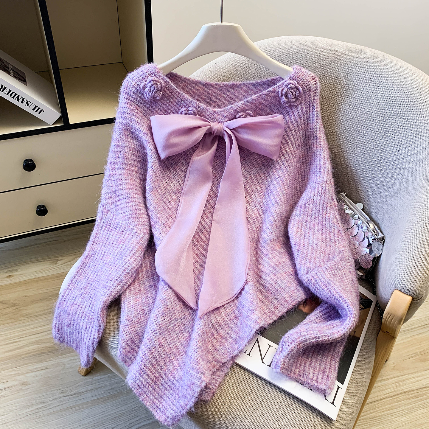 MY15538# 甜美风紫色蝴蝶结设计感蝙蝠袖软糯毛衣女巨好看漂亮气质上衣...