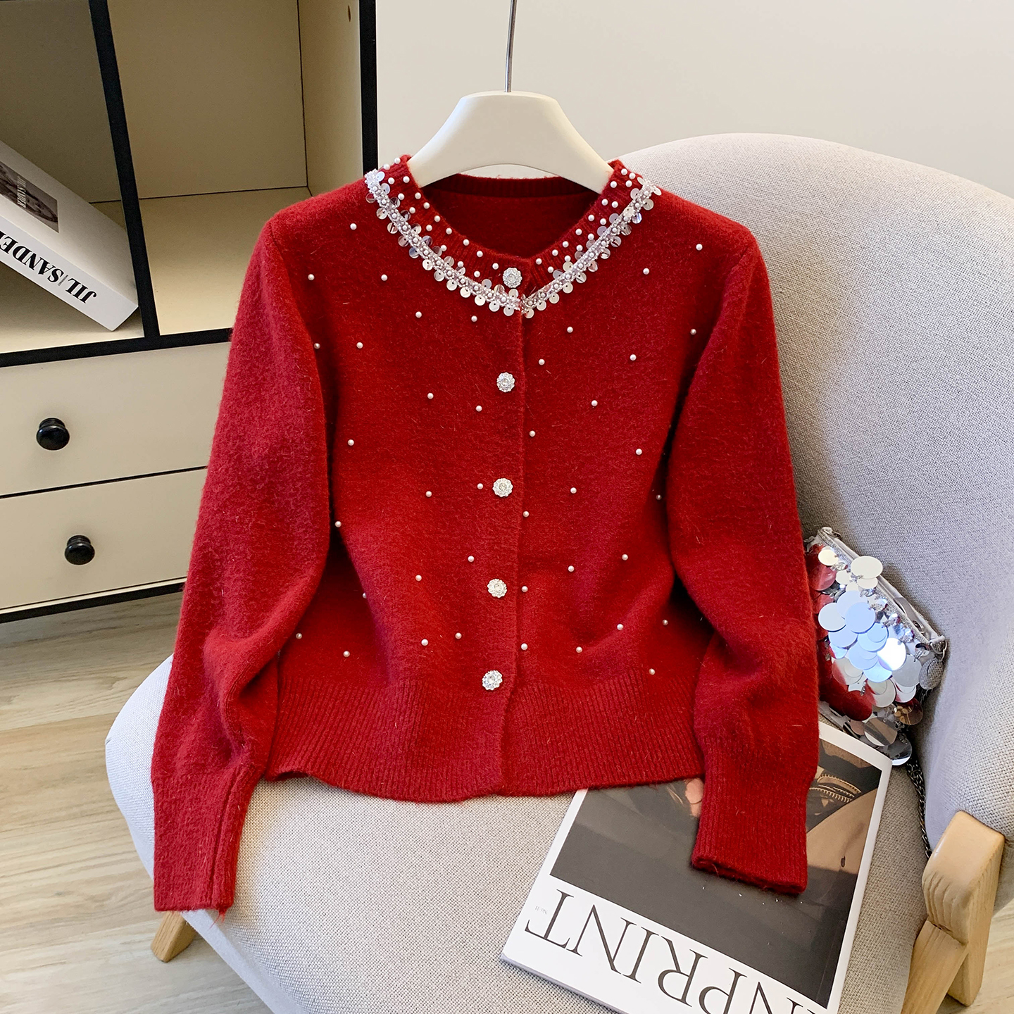 MY15537# 小香风重工钉珠富家千金红色毛衣外套女新款短款开衫上衣女裝...