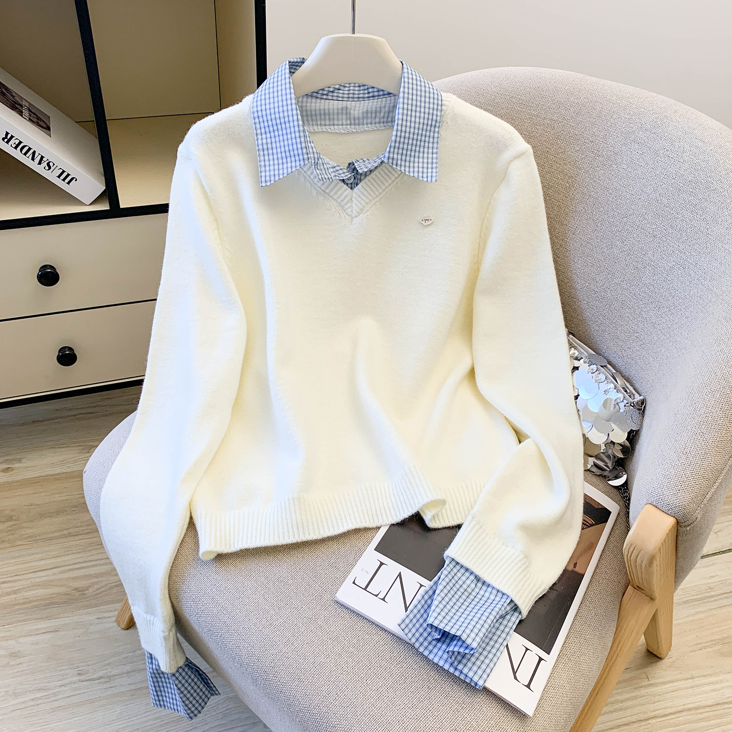 MY15535# 红人馆白色毛衣女款慵懒高级感上衣套头外穿百搭假两件针织衫...