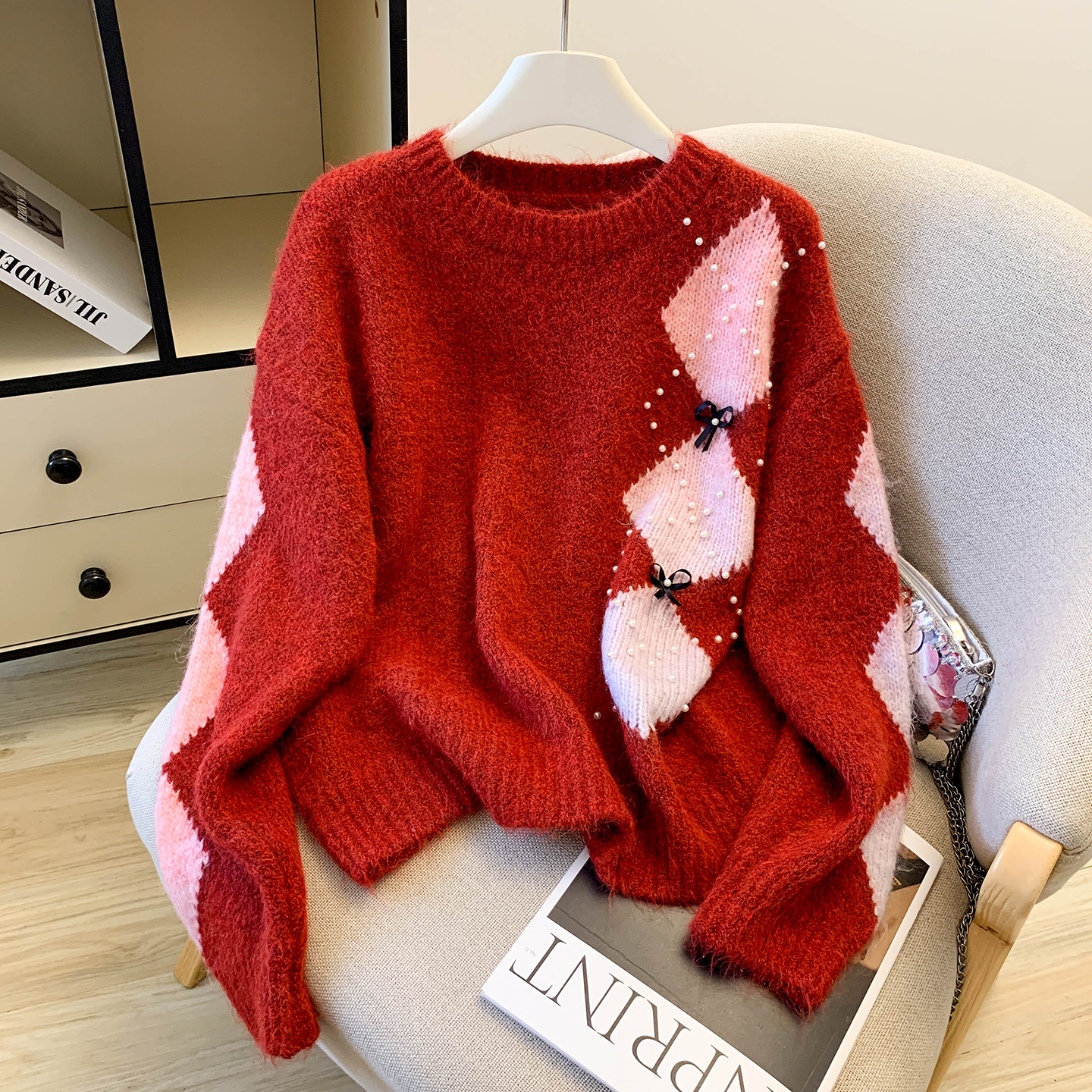 MY15531# 慵懒风新年氛围感红色宽松加厚毛衣新款洋气针织衫上衣女裝貨...