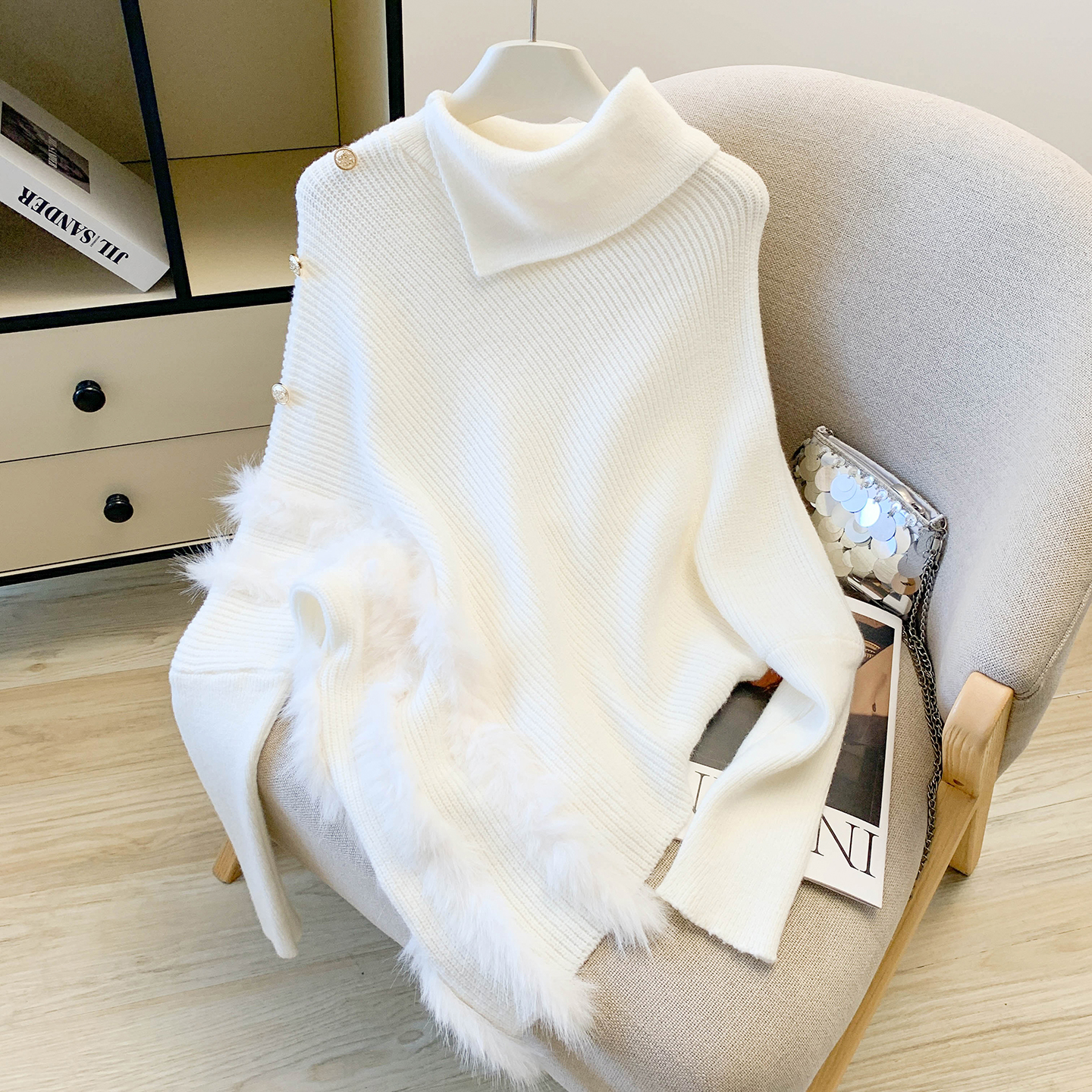 MY15532# 高领堆堆领蝙蝠袖打底毛衣女宽慵懒风高级感不规则内搭针织衫...