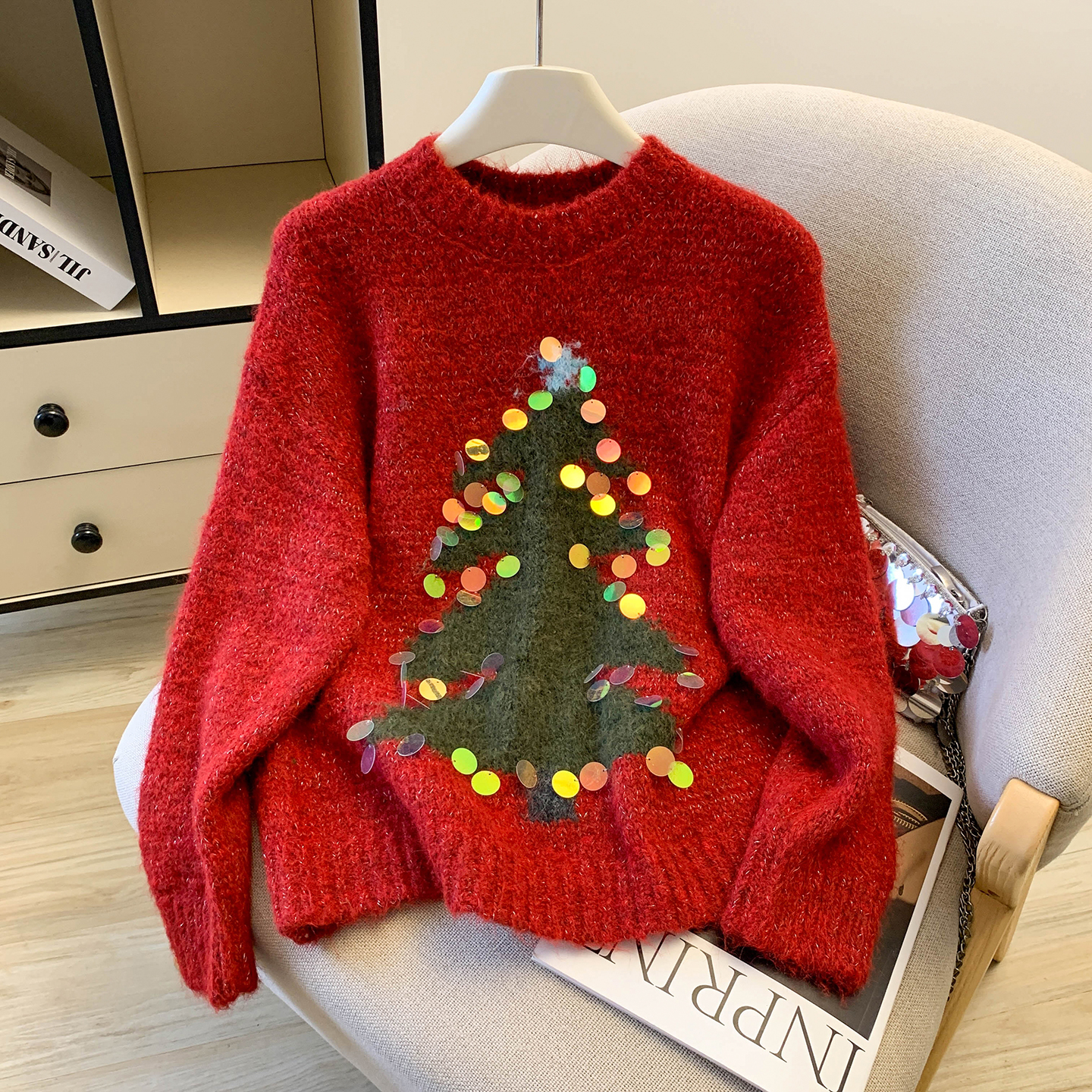 MY15530# 圣诞亮片圆领毛衣新款秋冬加厚奶fufu慵懒小个子内搭针织...