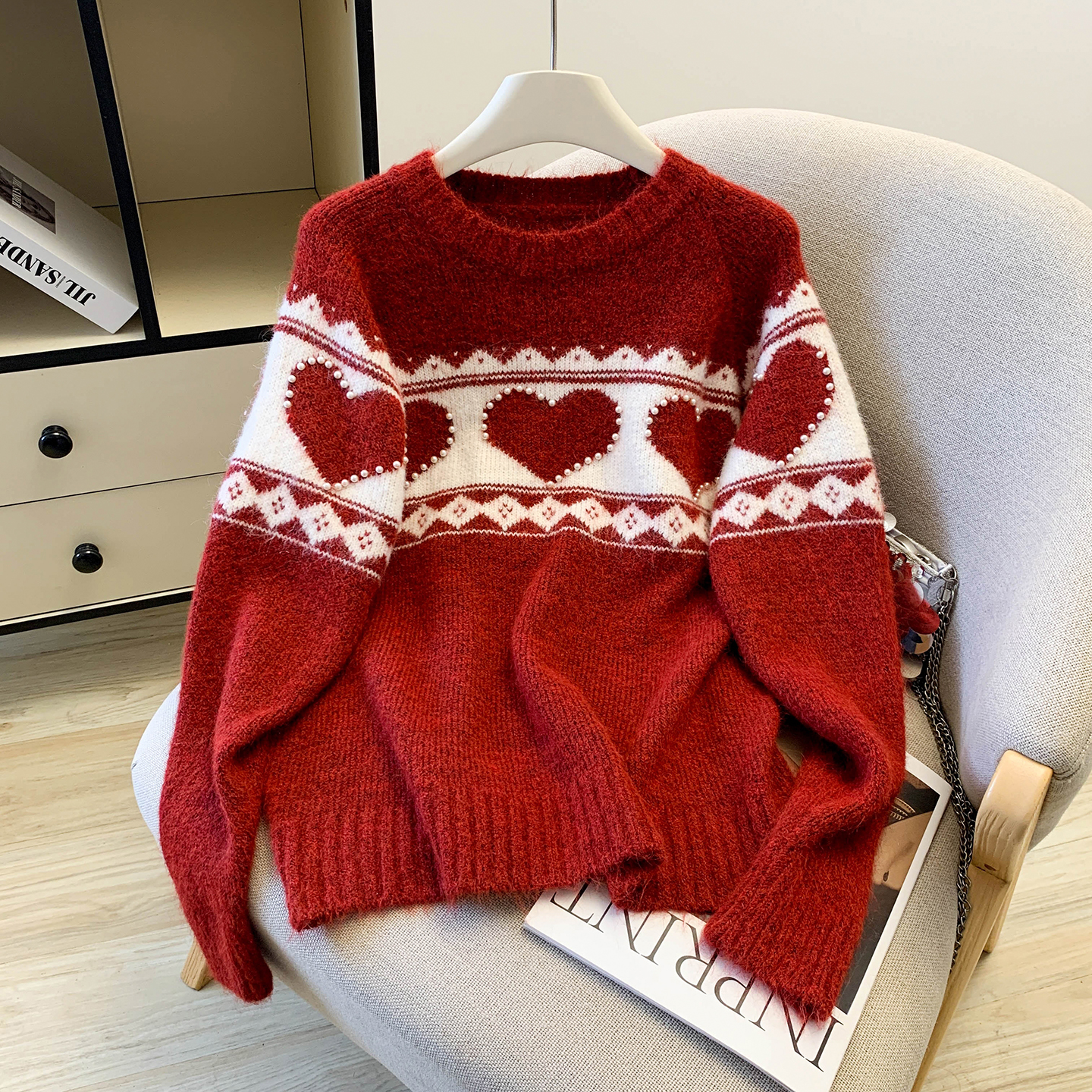 MY15527# 洋气跨年圣诞穿搭费尔岛针织红色毛衣新款撞色复古上衣女裝貨...