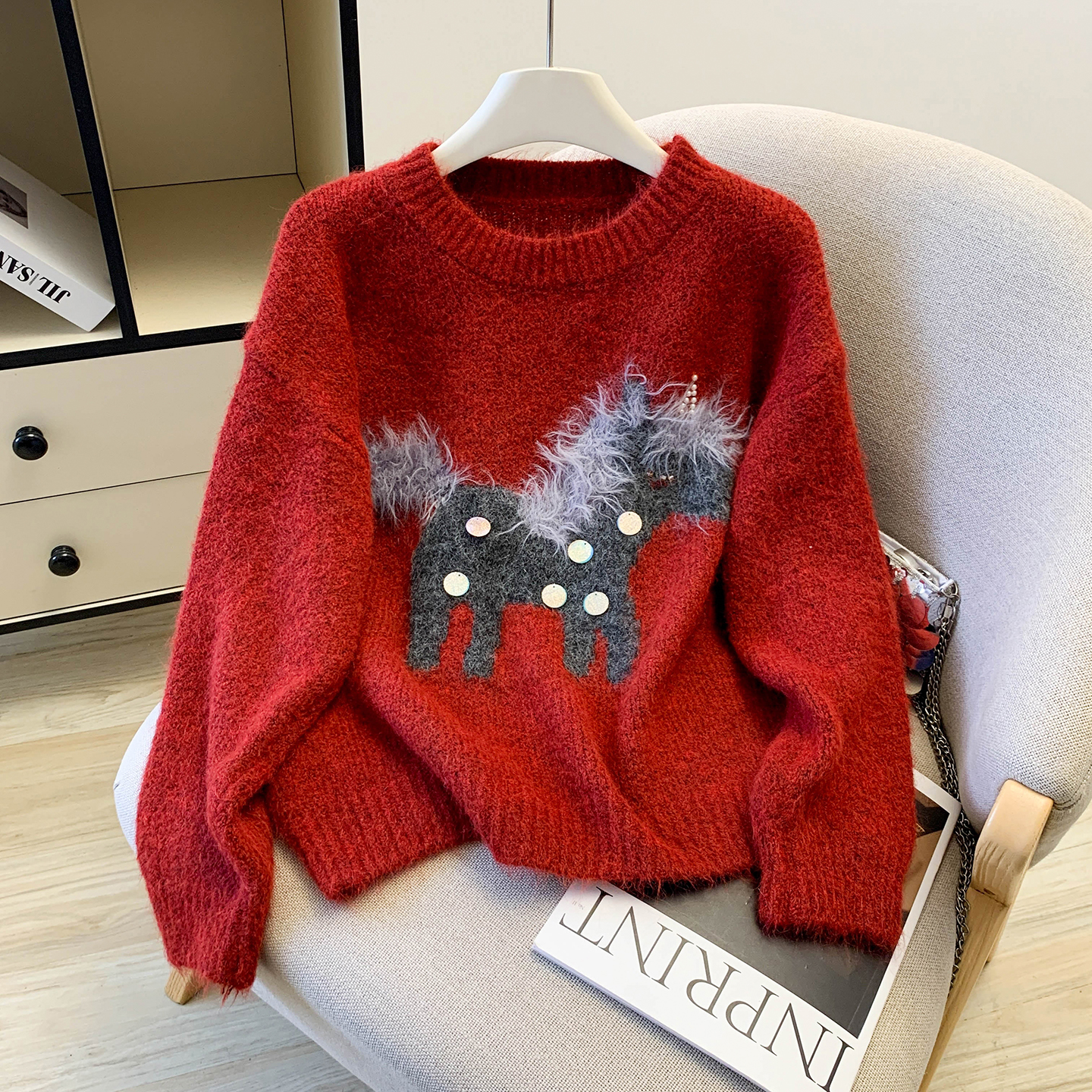 MY15529# INGCON圣诞小马 新年毛衣粗支缎染亮片苏利羊驼毛显瘦...